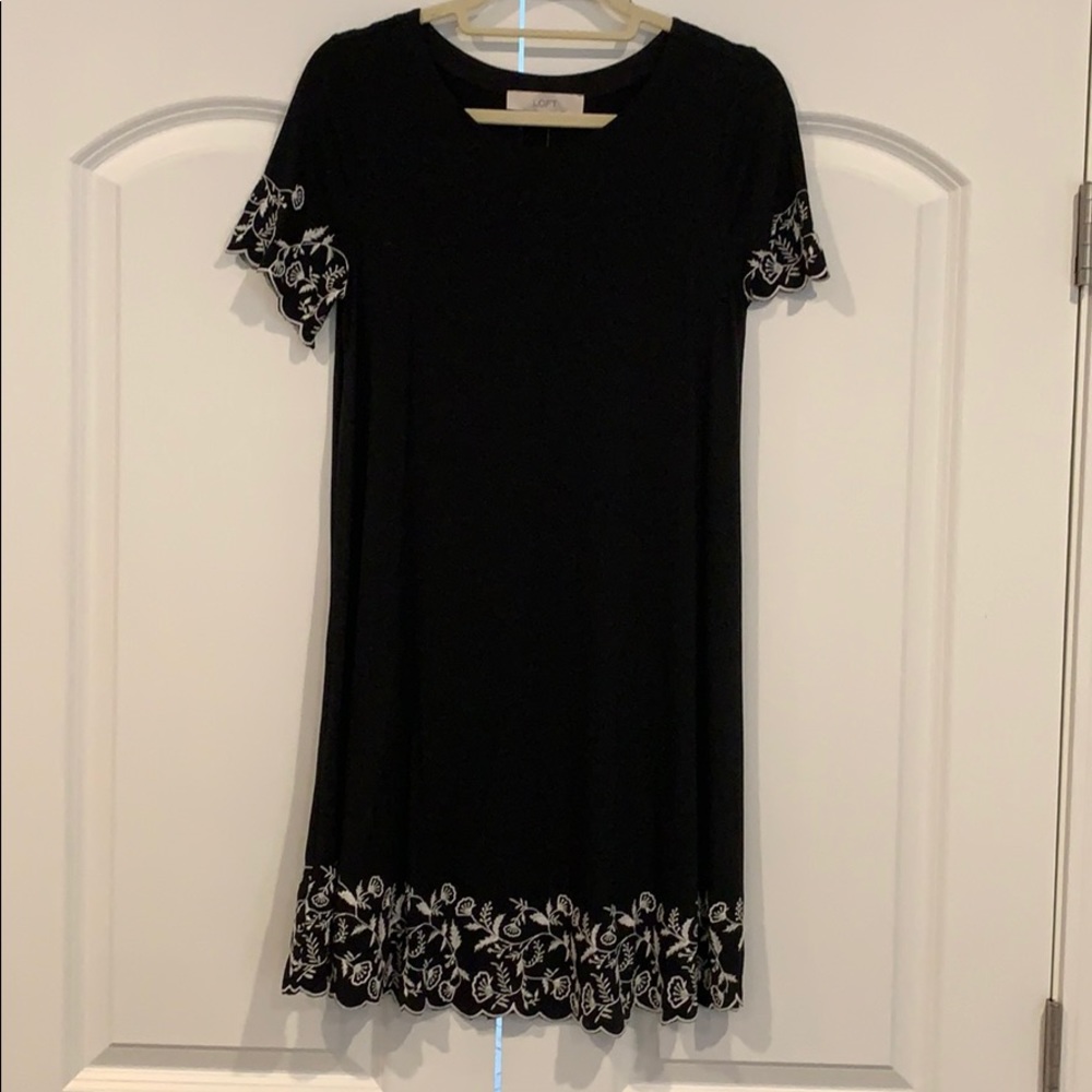 LOFT black dress with white embroidery